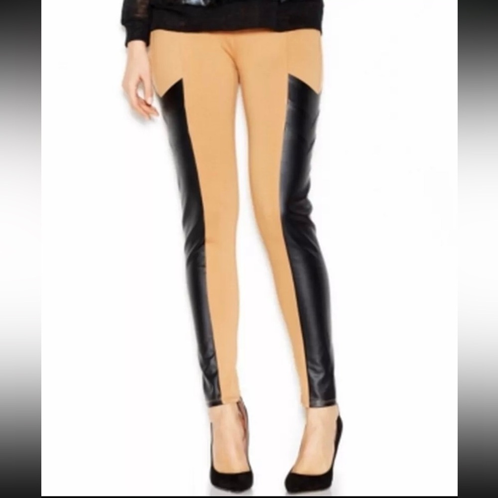 Bar III Ponte Stretch Tan Leggings/Pants With Black Faux Leather Panels XL NWOT
